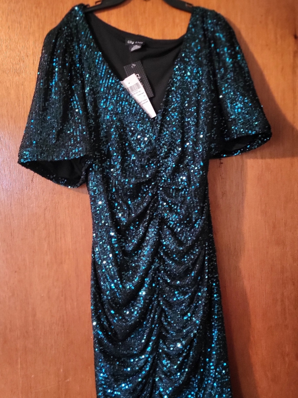 City Chic Teal Sequin Ruched V-Neck Gown